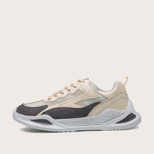 

Men Mesh Panel Lace-up Front Sneakers, Beige