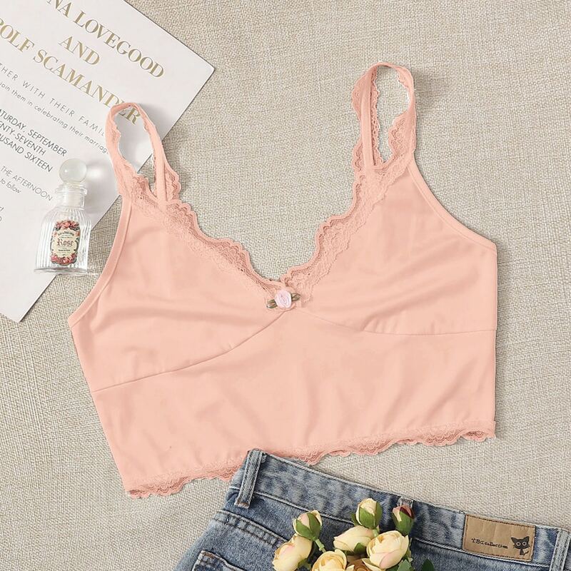 

Lace Trim Crop Cami, Coral pink