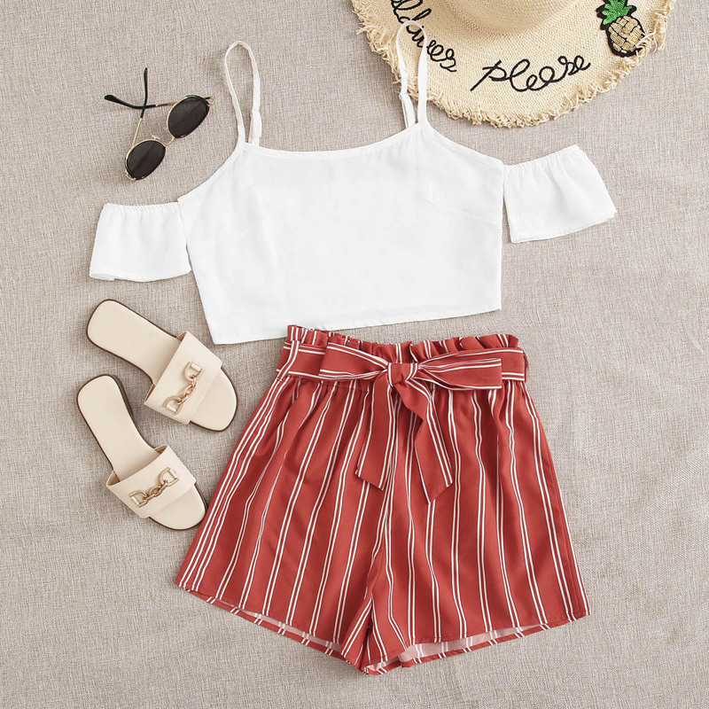 

Crop Top & Striped Belted Shorts, Red and white