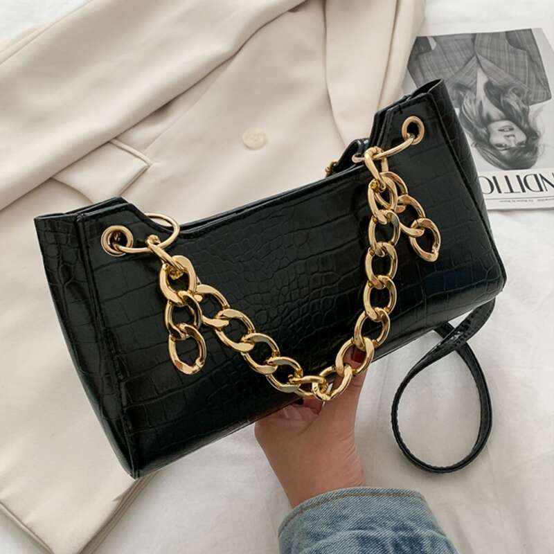 

Croc Embossed Chain Satchel Bag, Black