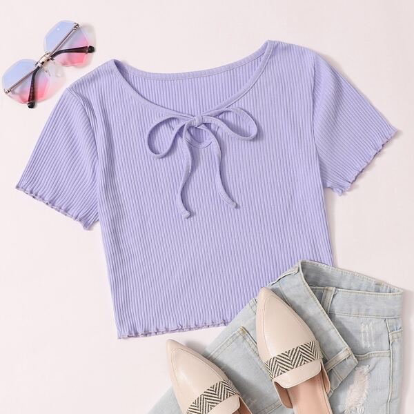 

Keyhole Tie Neck Lettuce Trim Tee, Lilac purple