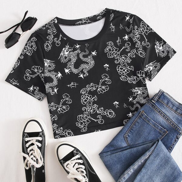 

Dragon And Plants Print Crop Tee, Black