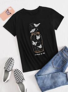 Butterfly And Slogan Graphic Tee - Black - View 1