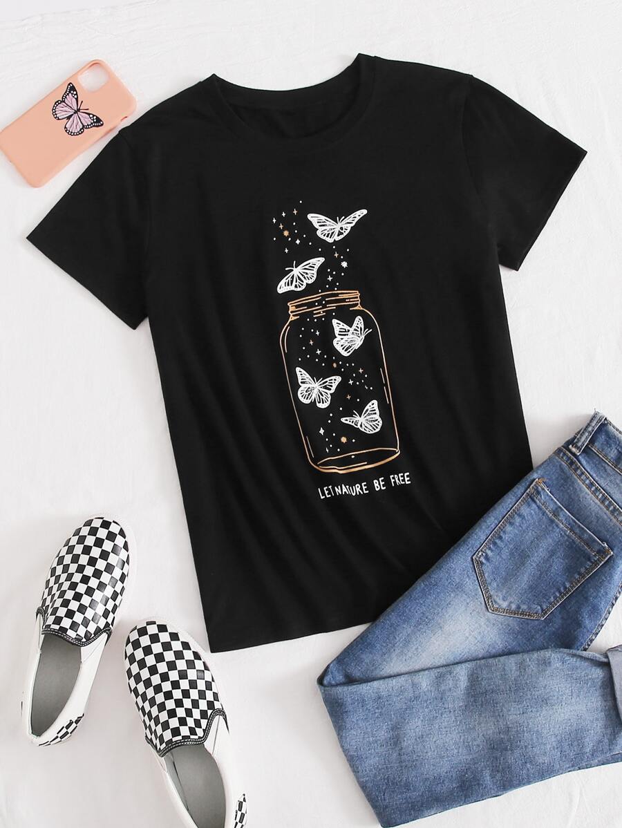 Butterfly And Slogan Graphic Tee - Black - View 1