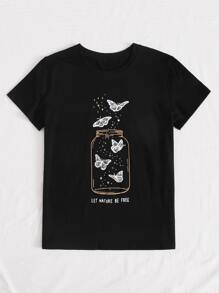 Butterfly And Slogan Graphic Tee - Black - View 5