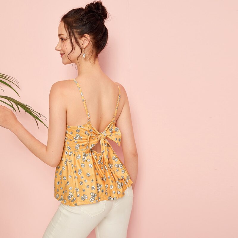 

Floral Tie Back Shirred Cami, Yellow