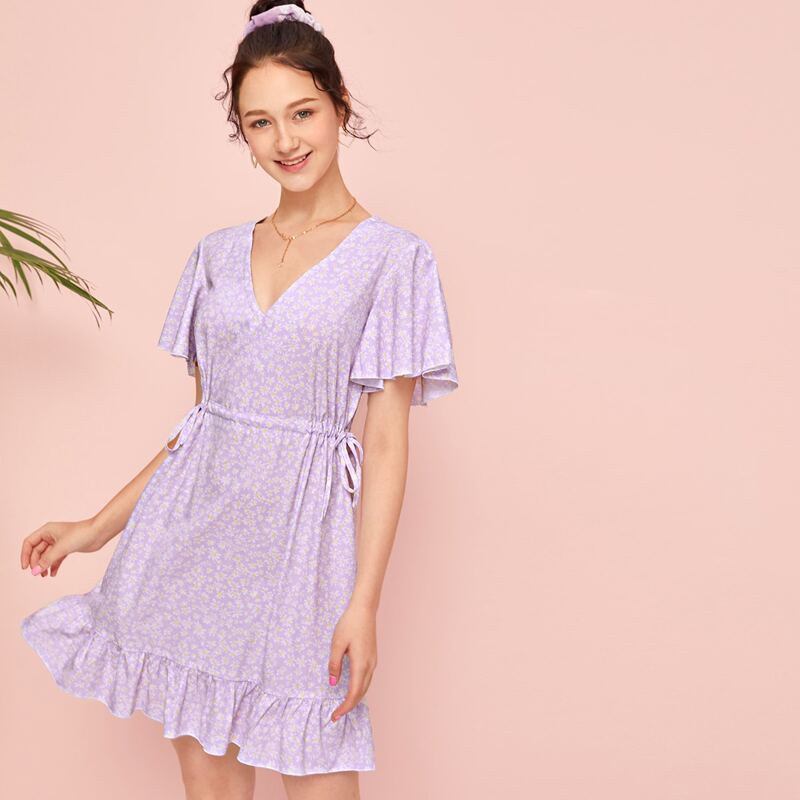 

Ditsy Floral Drawstring Ruffle Dress, Lilac purple