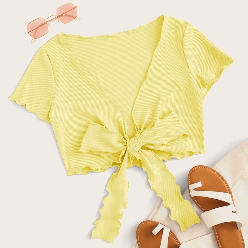 

Lettuce Trim Tie Front Top, Yellow