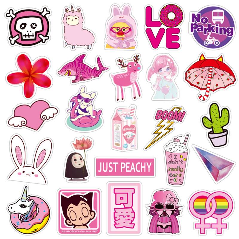 

50pcs Cartoon Sticker, Pink