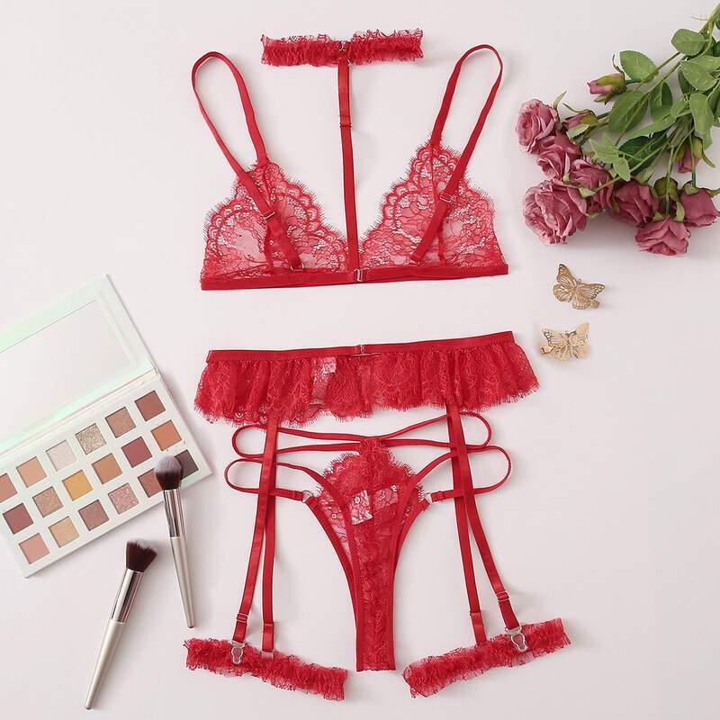 

Floral Lace Garter Lingerie Set With Choker, Red
