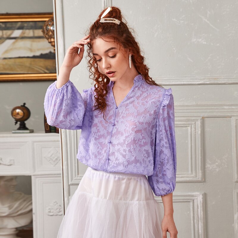

Notch Neck Button Front Lantern Sleeve Applique Top, Lilac purple