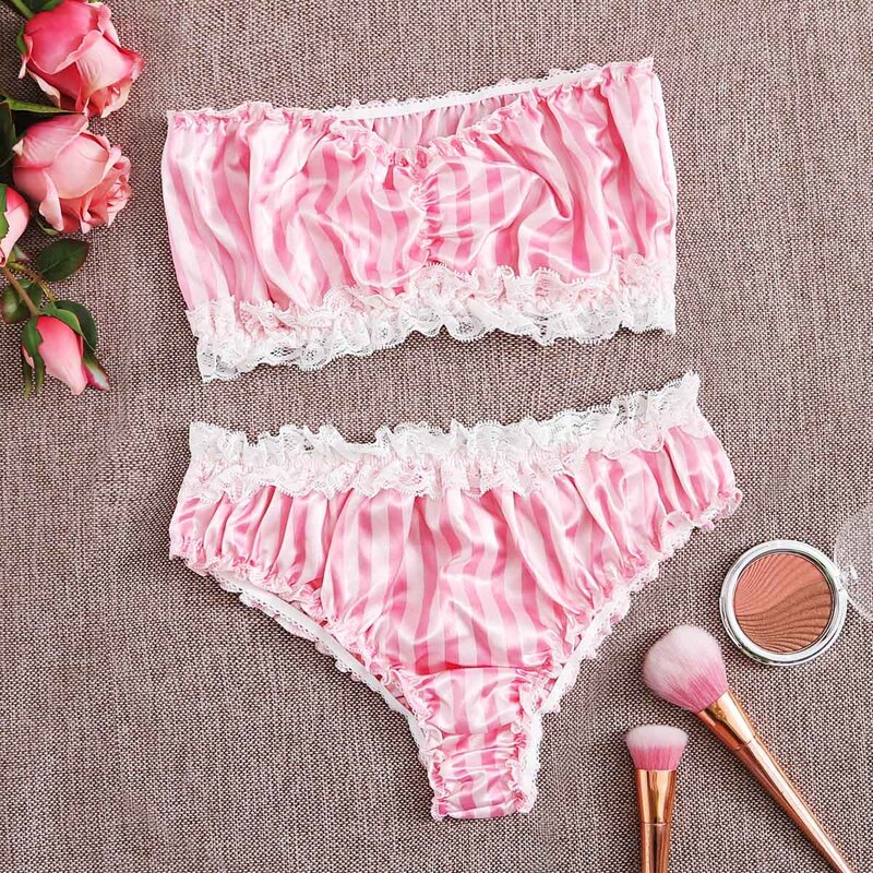 

Striped Lace Trim Satin Lingerie Set, Baby pink
