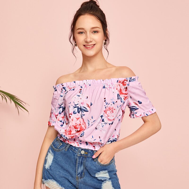 

Floral Frill Trim Top, Baby pink