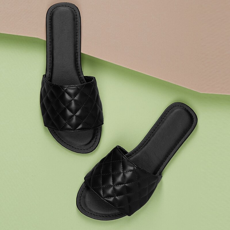 

Quilted Wide Band Slide On Flat Mule Sandals, Black