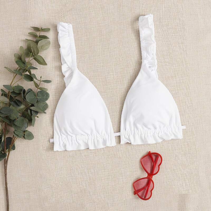 

Ruffle Trim Triangle Bikini Top, White