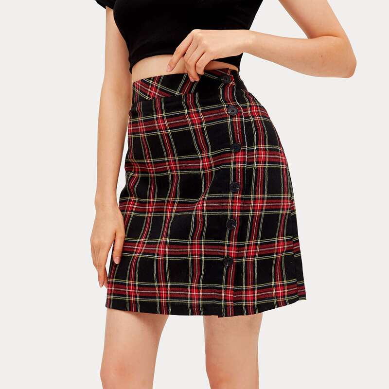 

Plaid Button Side Skirt, Multicolor