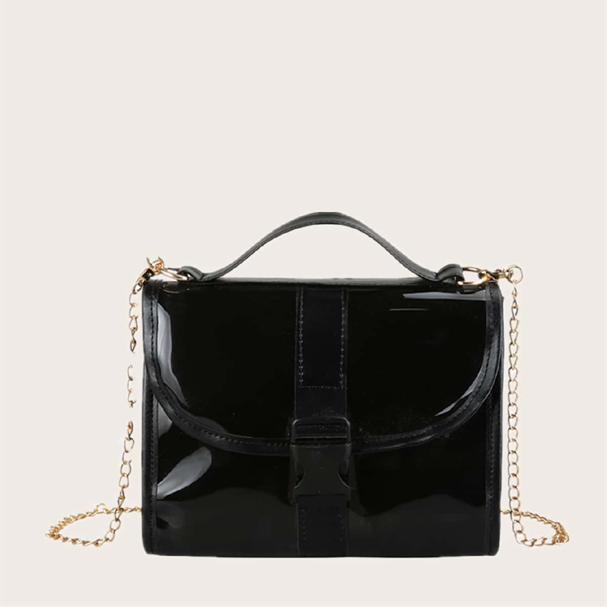 

Buckle Chain Satchel Bag, Black