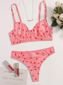 Heart Pattern Mesh Underwire Lingerie Set - Watermelon Pink - View 1