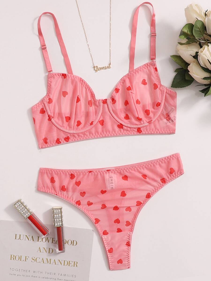 Heart Pattern Mesh Underwire Lingerie Set - Watermelon Pink - View 1