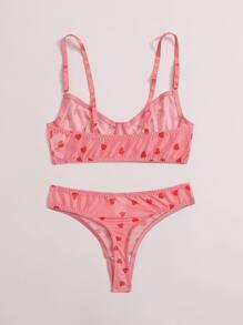Heart Pattern Mesh Underwire Lingerie Set - Watermelon Pink - View 2