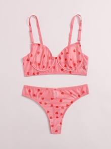 Heart Pattern Mesh Underwire Lingerie Set - Watermelon Pink - View 3