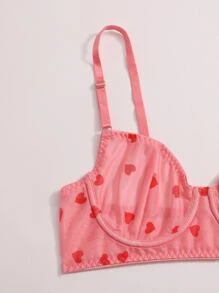 Heart Pattern Mesh Underwire Lingerie Set - Watermelon Pink - View 4