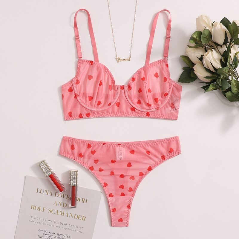 

Heart Pattern Mesh Underwire Lingerie Set, Watermelon pink