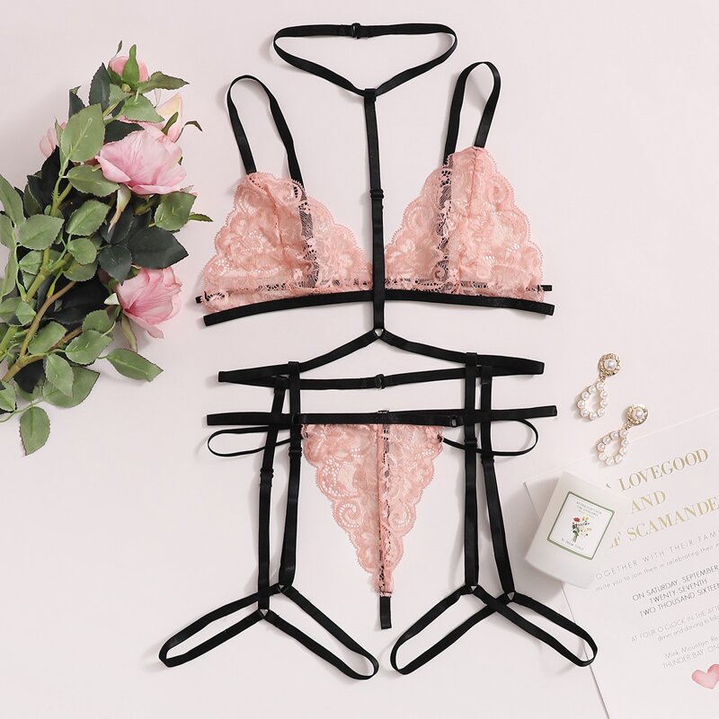 

Floral Lace Garter Lingerie Set With Choker, Pink