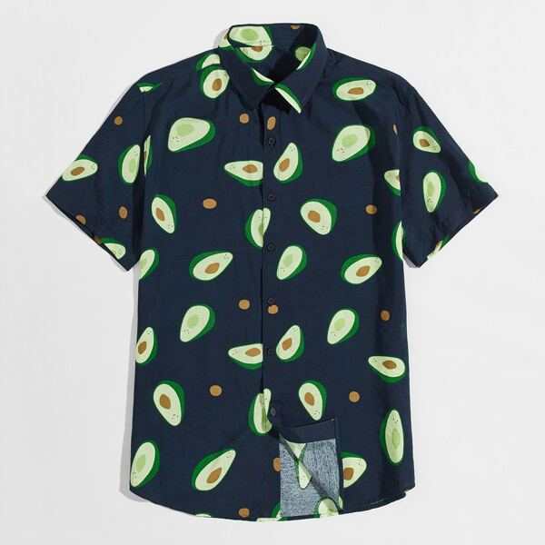 

Men Avocado Print Button Front Shirt, Navy blue