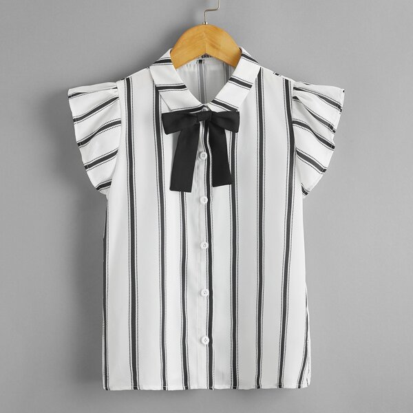 

Girls Bow Detail Ruffle Armhole Striped Blouse, White