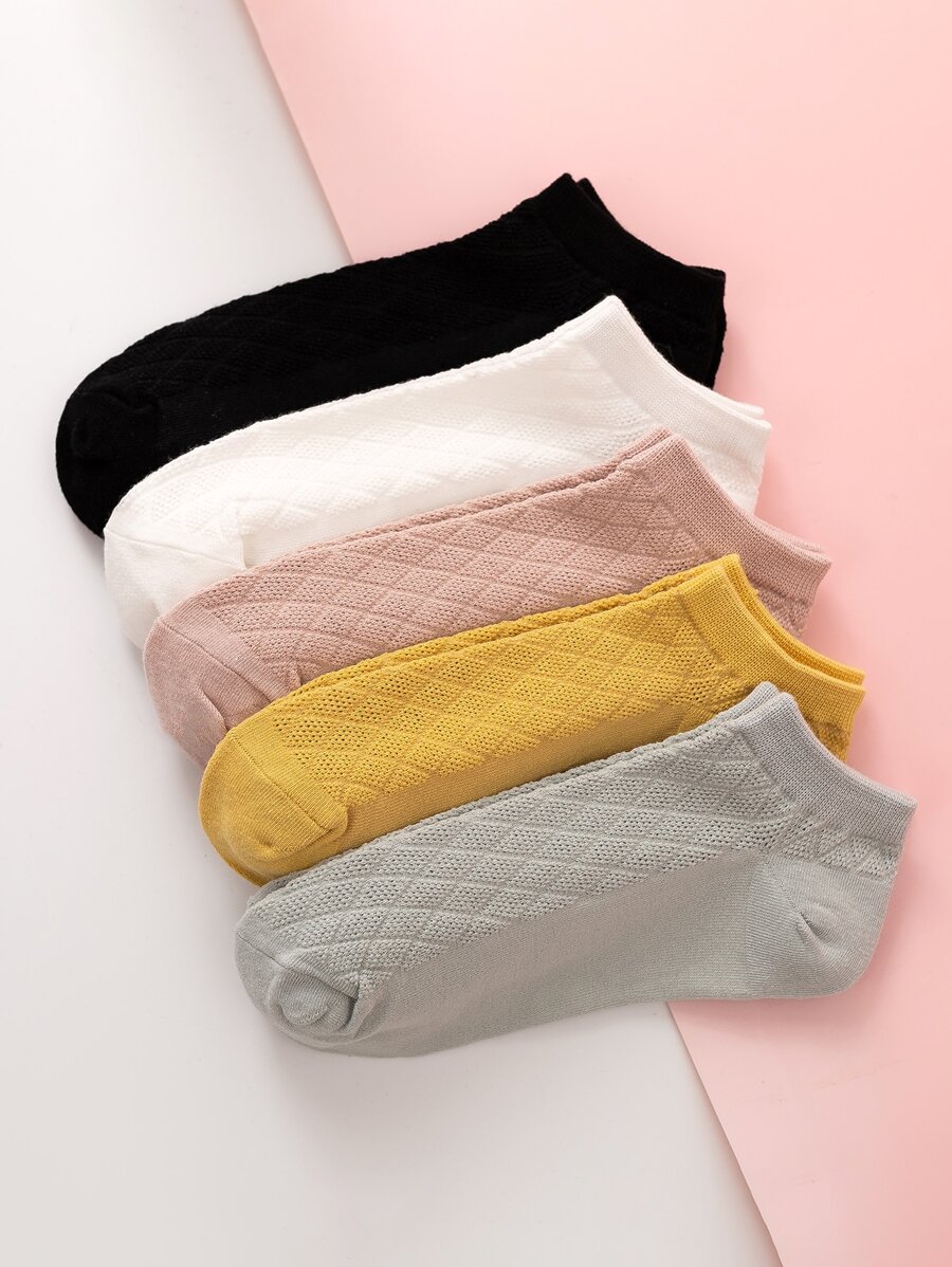 5 Pairs Solid Color All-Match Mesh Socks, Diamond Lattice Pattern, Breathable Comfortable Versatile Women's Everyday Socks - Multicolor - View 1
