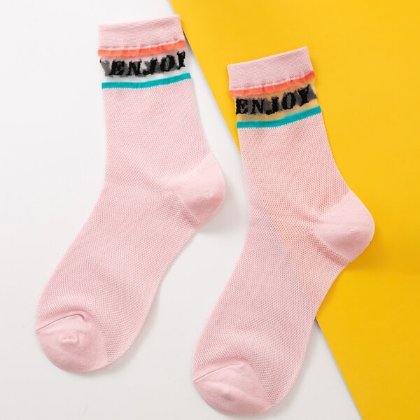 

Letter Contrast Mesh Trim Socks, Pink