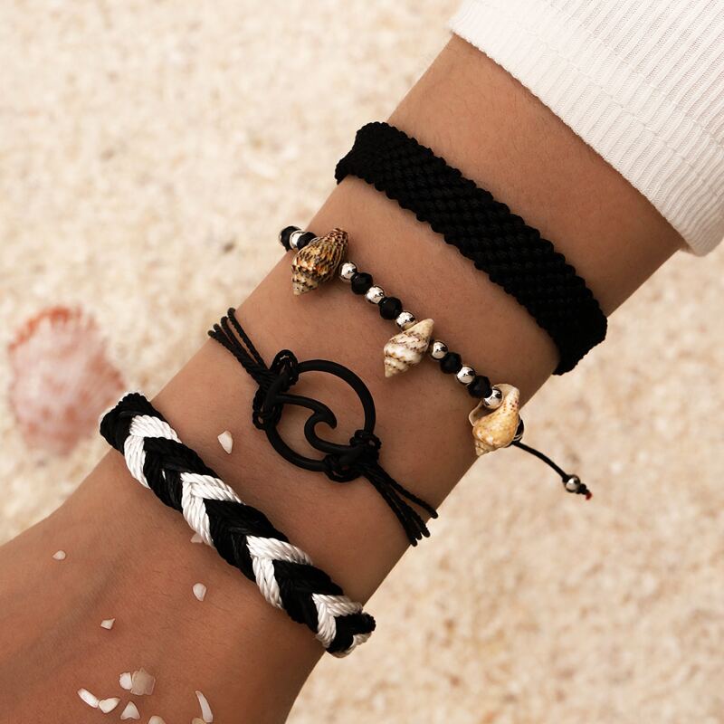 

4pcs Conch Decor Braided Bracelet, Black and white
