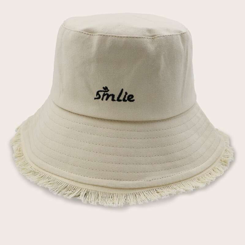 

Letter Embroidery Raw Hem Bucket Hat, Beige