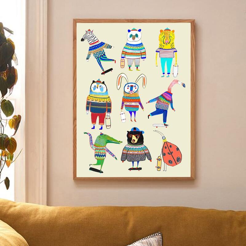 

Cartoon Animal Print Wall Painting Without Frame, Multicolor
