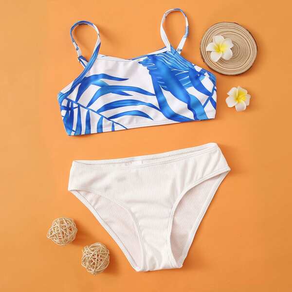 

Girls Leaf Print Rib Bikini Swimsuit, Multicolor