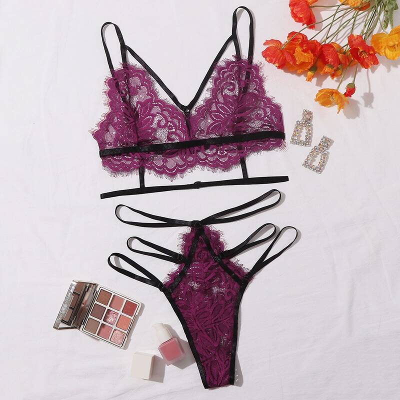 

Floral Lace Ladder Cut-out Lingerie Set, Purple