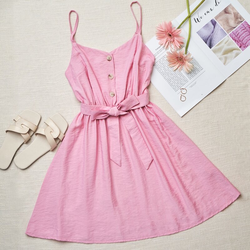 

Belted Button Cami Dress, Pink