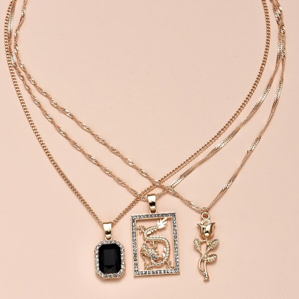 

3pcs Rose Charm Necklace, Gold