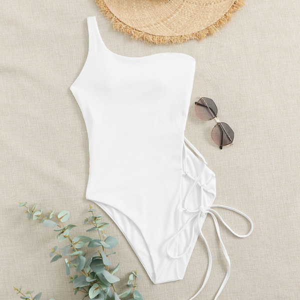 

Rib One Shoulder One Piece Swimsuit, White