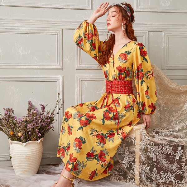 

Floral Print Corset Waist Midi Dress, Yellow