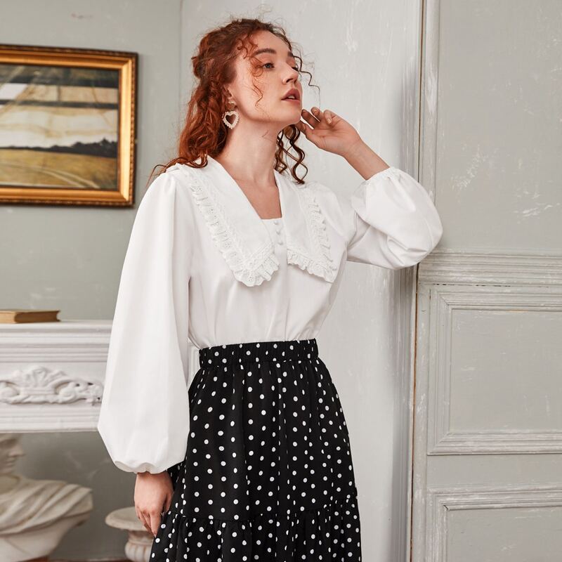 

Embroidered Peter Pant Lantern Sleeve Top, White