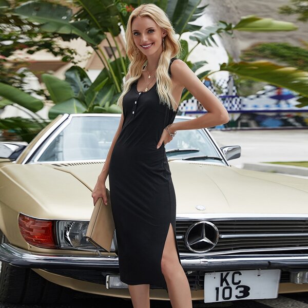 

Solid Split Thigh Fitted Dress, Black