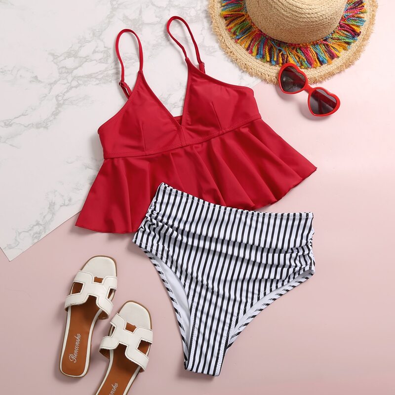 

Striped Ruffle Hem Bikini Swimsuit, Multicolor