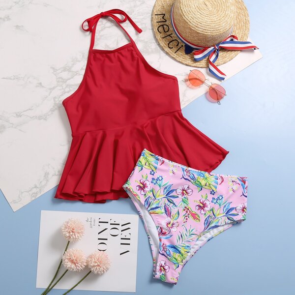 

Floral Ruffle Hem Halter Bikini Swimsuit, Multicolor
