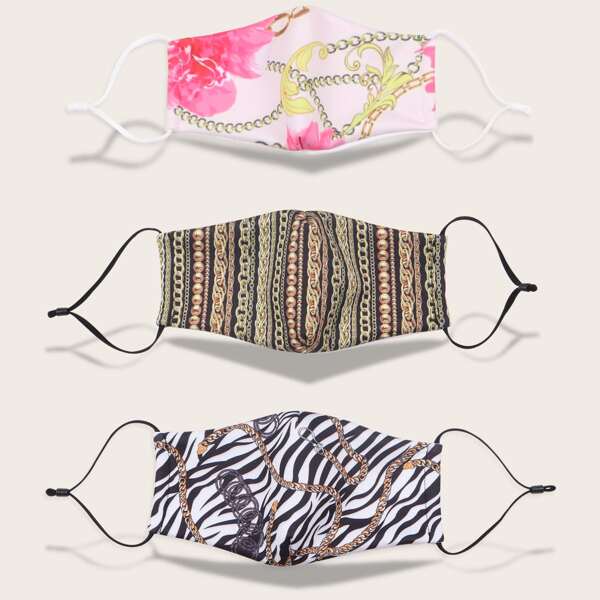 

3pcs Chain Pattern Face Masks With 3pcs Gasket Pad, Multicolor