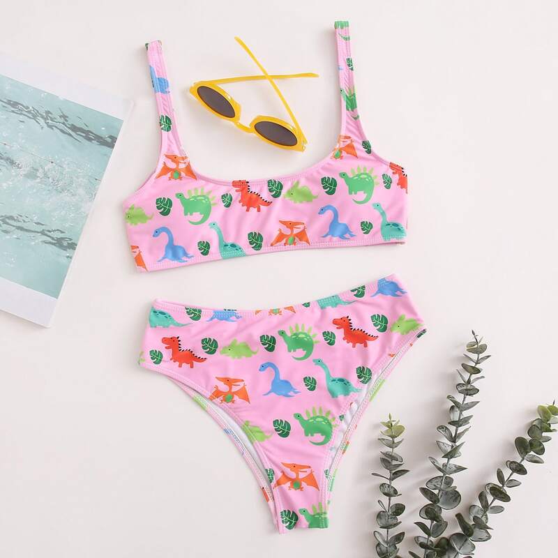 

Cartoon Dinosaur Bikini Swimsuit, Baby pink