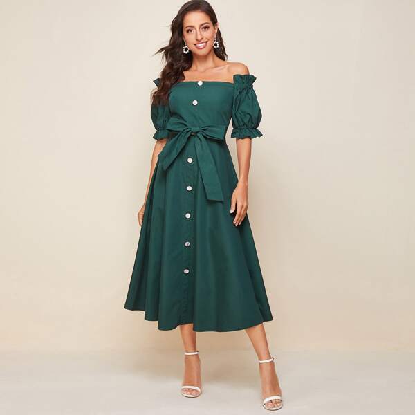 

Off Shoulder Ruffle Trim Buttoned Front Belted Dress, Dark green