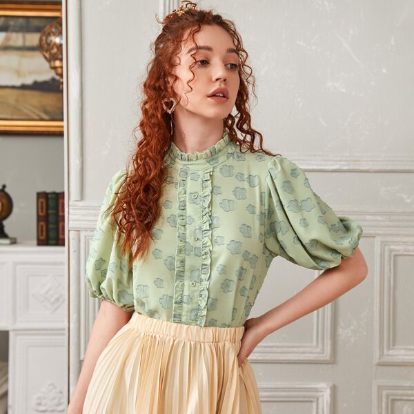 

Frill Trim Puff Sleeve Floral Top, Mint green