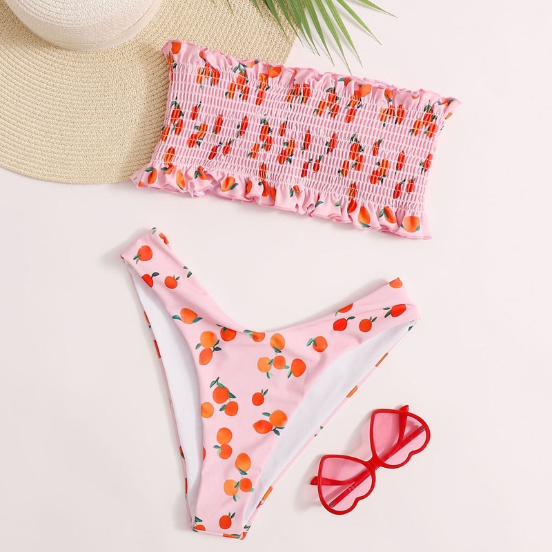 

Fruit Smocked Bikini Swimsuit, Baby pink